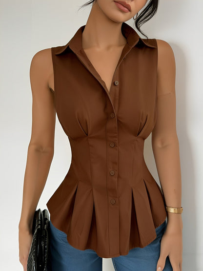 Sleeveless Collared Ruffled Pleated Peplum Blouse