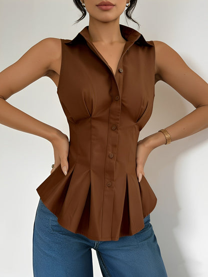 Sleeveless Collared Ruffled Pleated Peplum Blouse