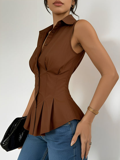 Sleeveless Collared Ruffled Pleated Peplum Blouse