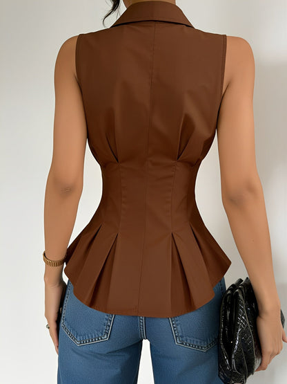 Sleeveless Collared Ruffled Pleated Peplum Blouse