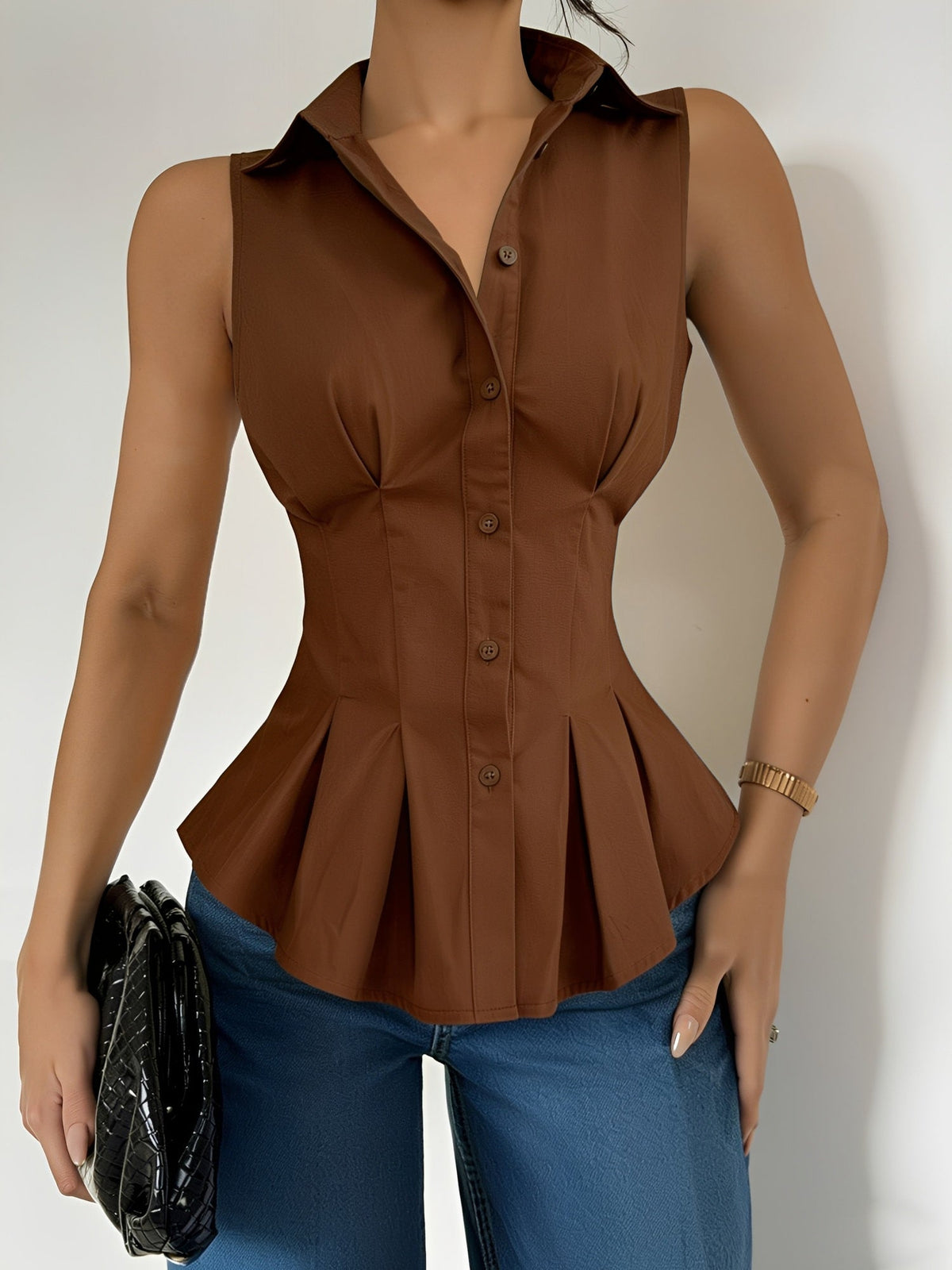 Sleeveless Collared Ruffled Pleated Peplum Blouse