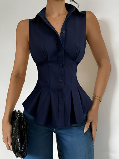 Sleeveless Collared Ruffled Pleated Peplum Blouse