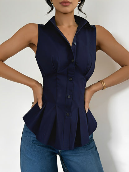 Sleeveless Collared Ruffled Pleated Peplum Blouse