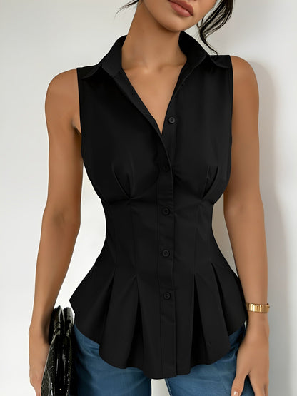 Sleeveless Collared Ruffled Pleated Peplum Blouse