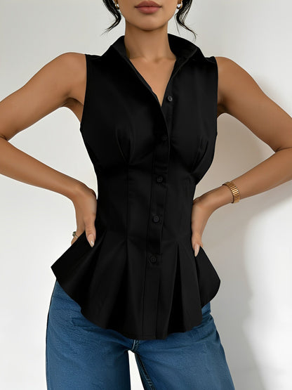Sleeveless Collared Ruffled Pleated Peplum Blouse