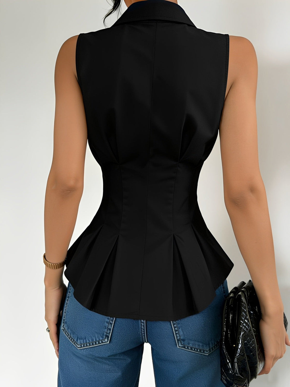 Sleeveless Collared Ruffled Pleated Peplum Blouse