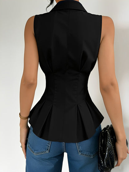 Sleeveless Collared Ruffled Pleated Peplum Blouse