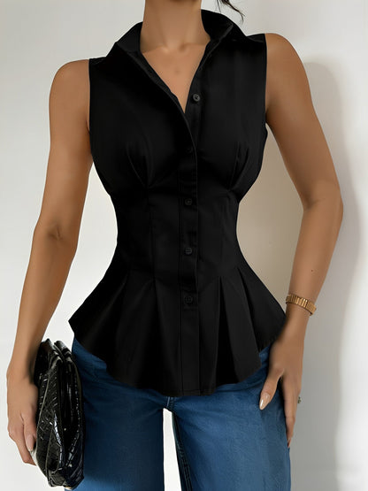Sleeveless Collared Ruffled Pleated Peplum Blouse