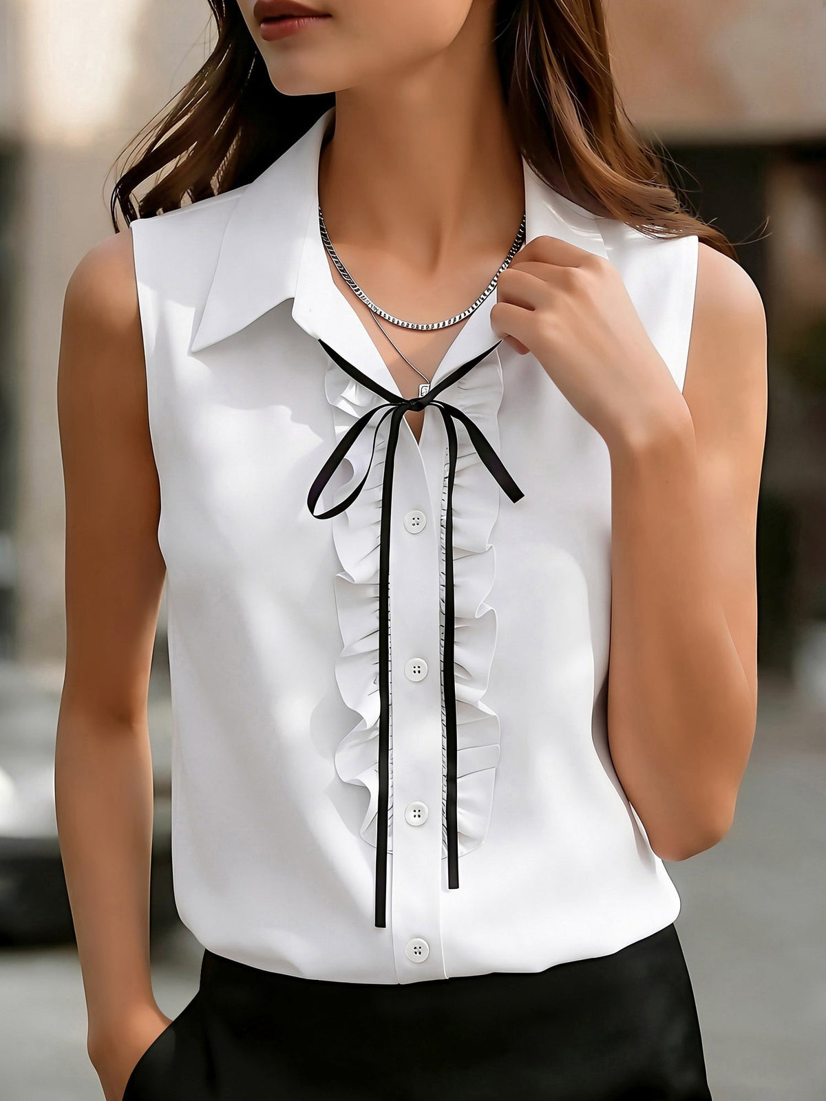 Sleeveless Collared Ruffled Button Down Blouse