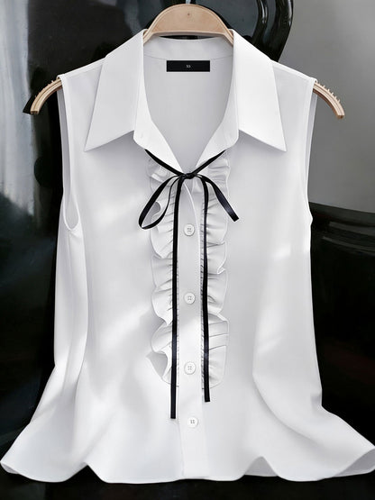 Sleeveless Collared Ruffled Button Down Blouse
