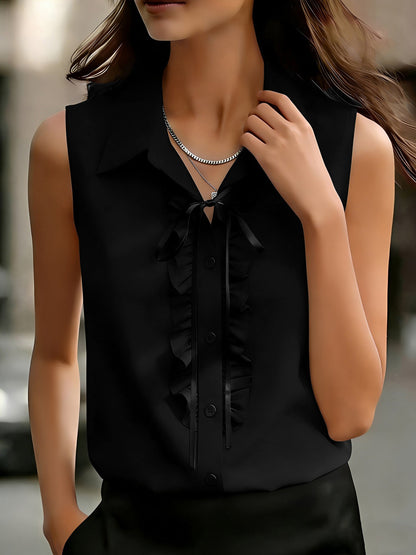 Sleeveless Collared Ruffled Button Down Blouse