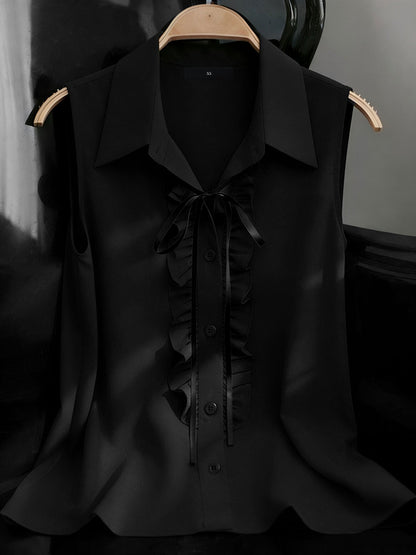 Sleeveless Collared Ruffled Button Down Blouse