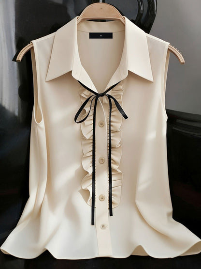 Sleeveless Collared Ruffled Button Down Blouse