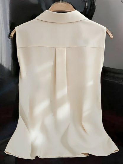 Sleeveless Collared Ruffled Button Down Blouse