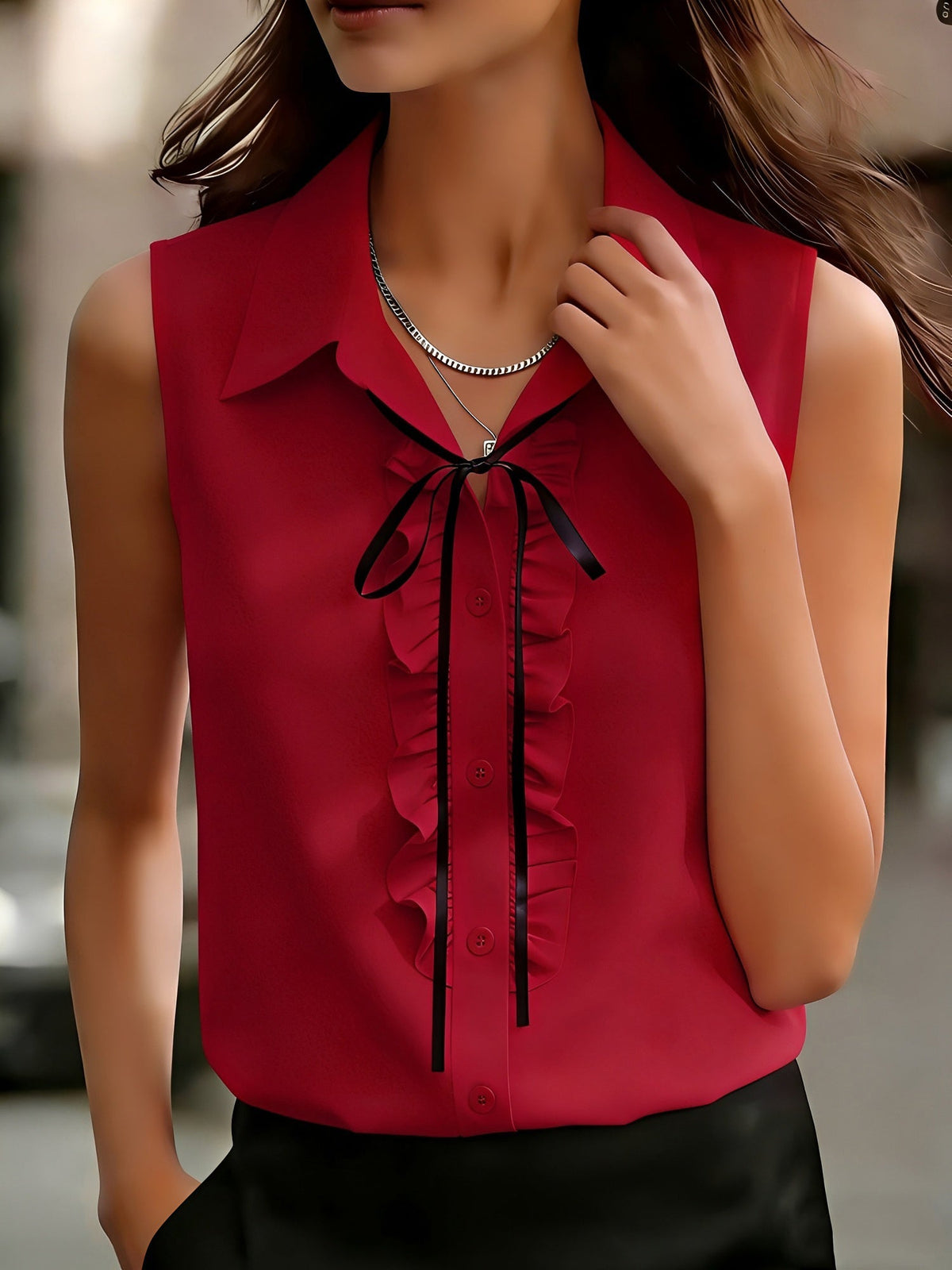 Sleeveless Collared Ruffled Button Down Blouse