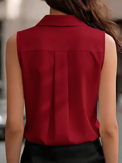 Sleeveless Collared Ruffled Button Down Blouse