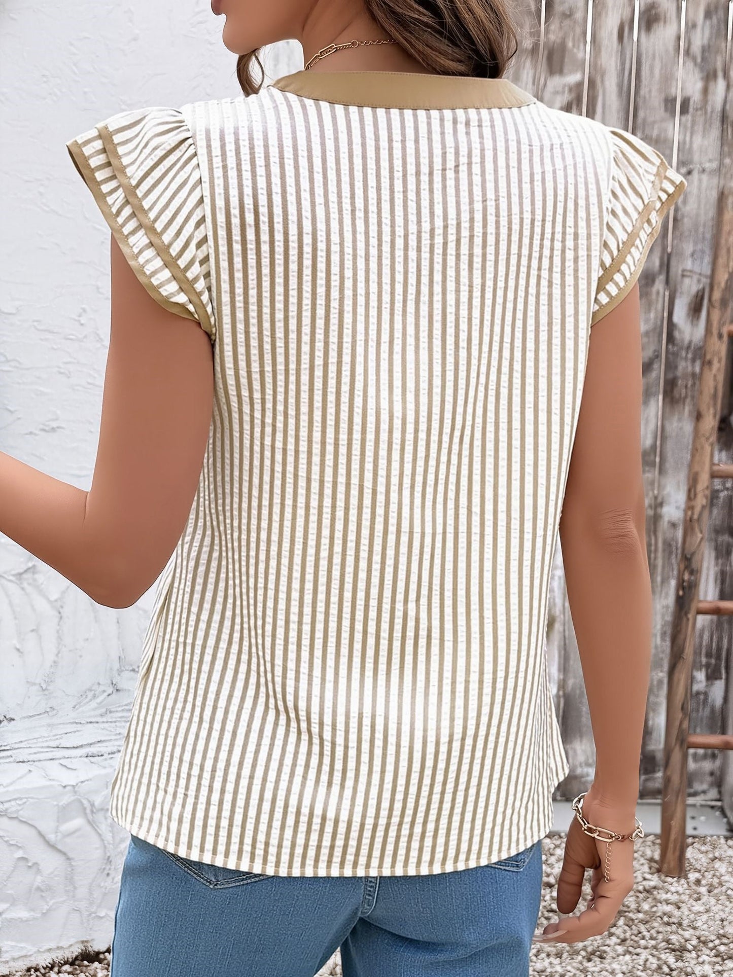 Notch Neck Striped Layered Cap Sleeve Blouse