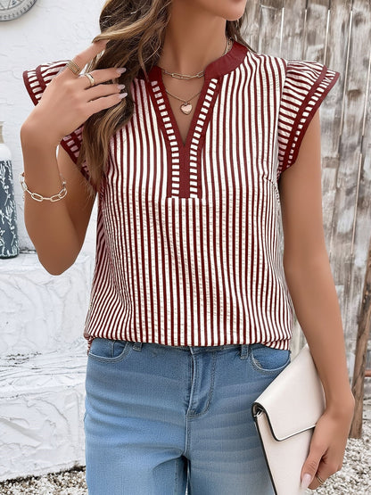 Notch Neck Striped Layered Cap Sleeve Blouse