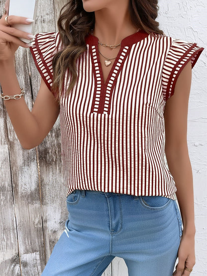 Notch Neck Striped Layered Cap Sleeve Blouse