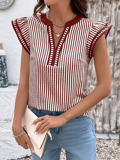 Notch Neck Striped Layered Cap Sleeve Blouse
