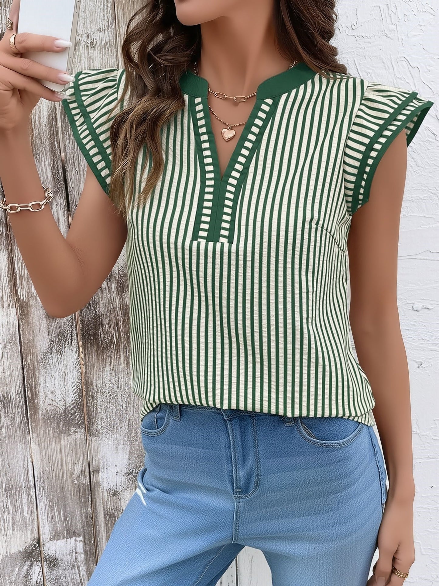 Notch Neck Striped Layered Cap Sleeve Blouse