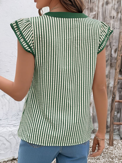 Notch Neck Striped Layered Cap Sleeve Blouse