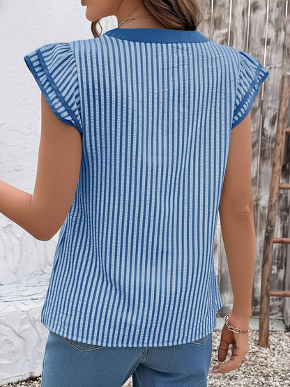 Notch Neck Striped Layered Cap Sleeve Blouse