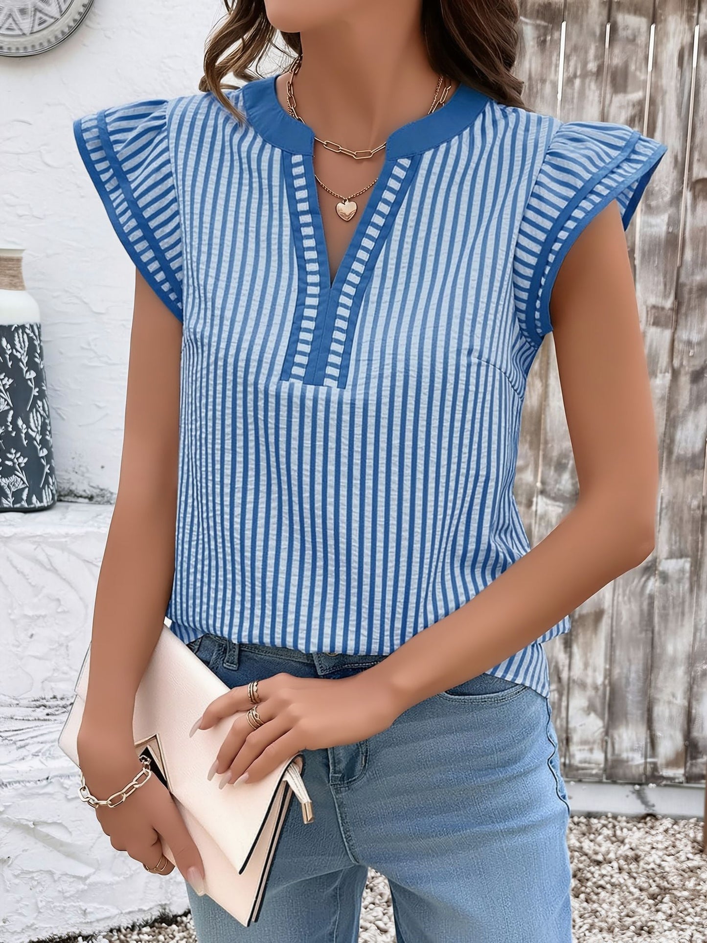 Notch Neck Striped Layered Cap Sleeve Blouse