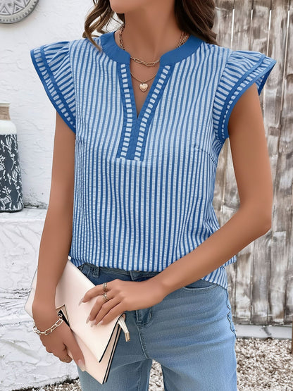 Notch Neck Striped Layered Cap Sleeve Blouse