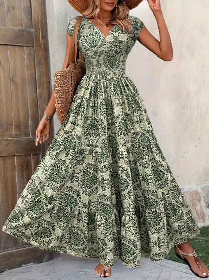 Boho Floral Cap Sleeves A-Line Tiered Dress