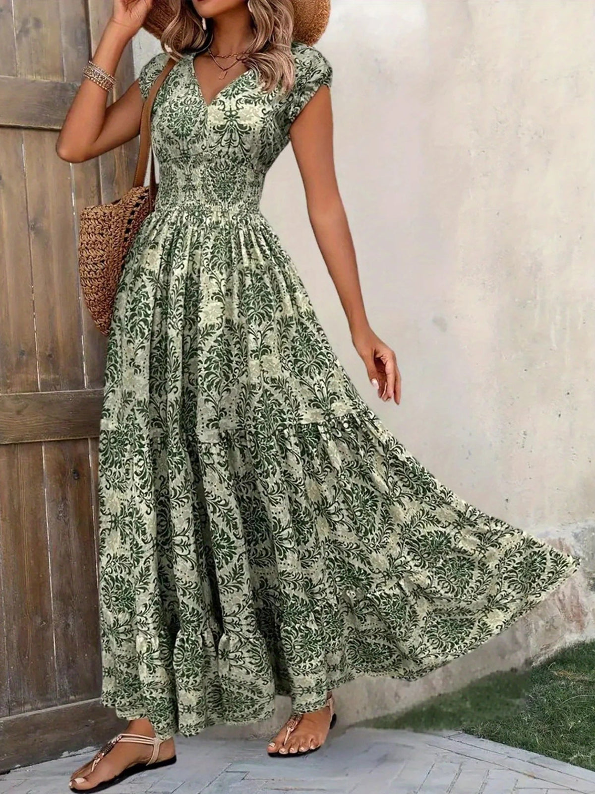Boho Floral Cap Sleeves A-Line Tiered Dress