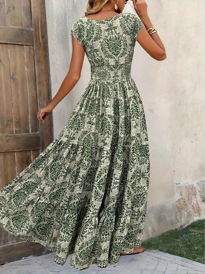 Boho Floral Cap Sleeves A-Line Tiered Dress