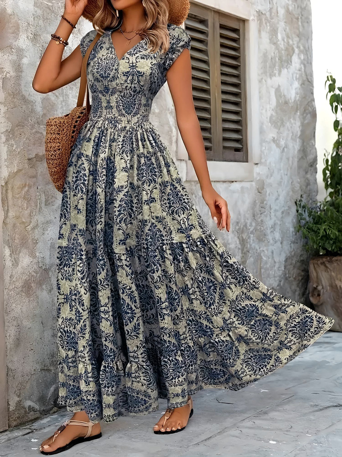 Boho Floral Cap Sleeves A-Line Tiered Dress