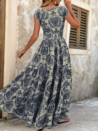 Boho Floral Cap Sleeves A-Line Tiered Dress