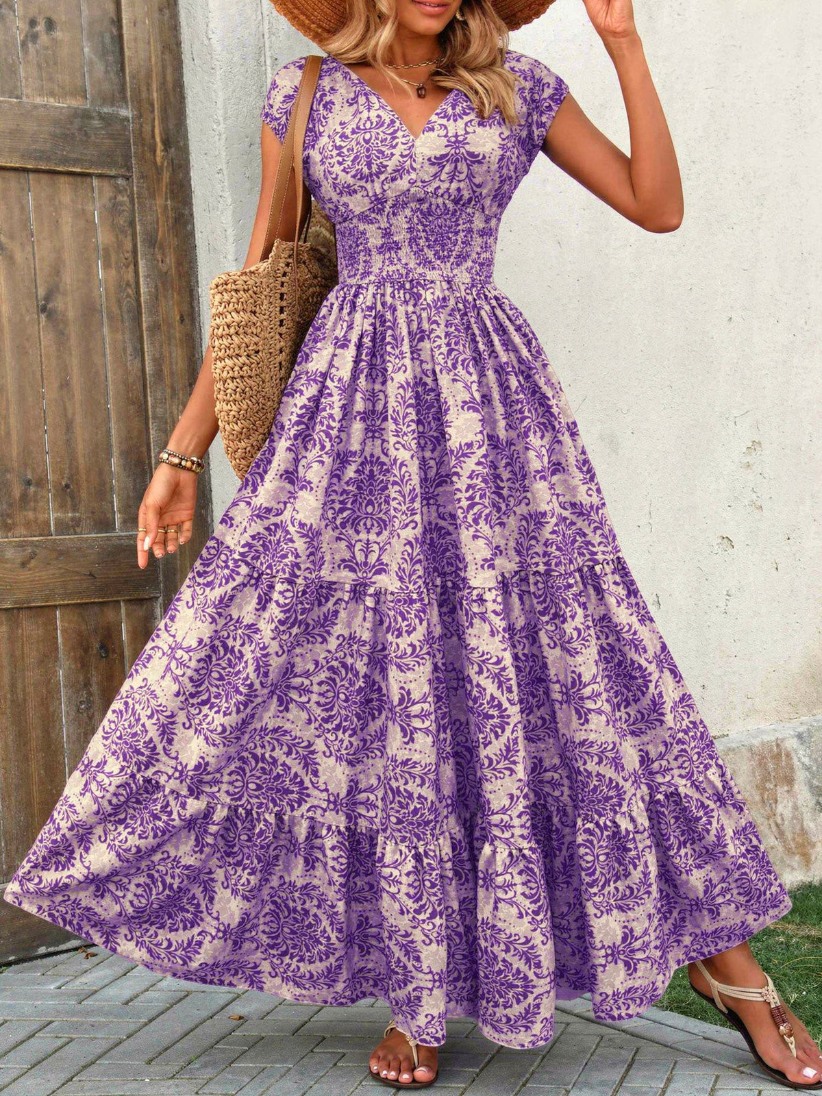 Boho Floral Cap Sleeves A-Line Tiered Dress