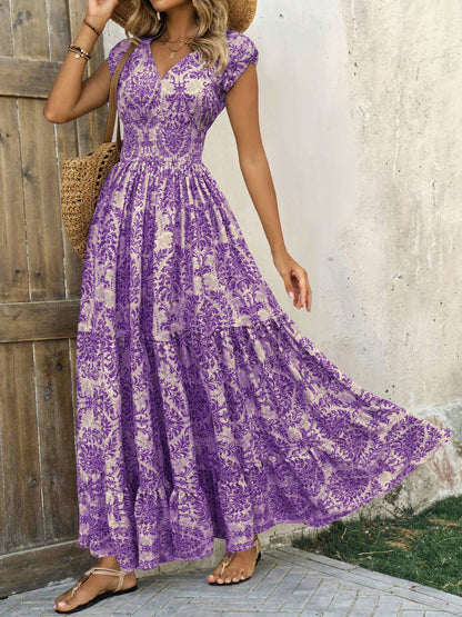 Boho Floral Cap Sleeves A-Line Tiered Dress