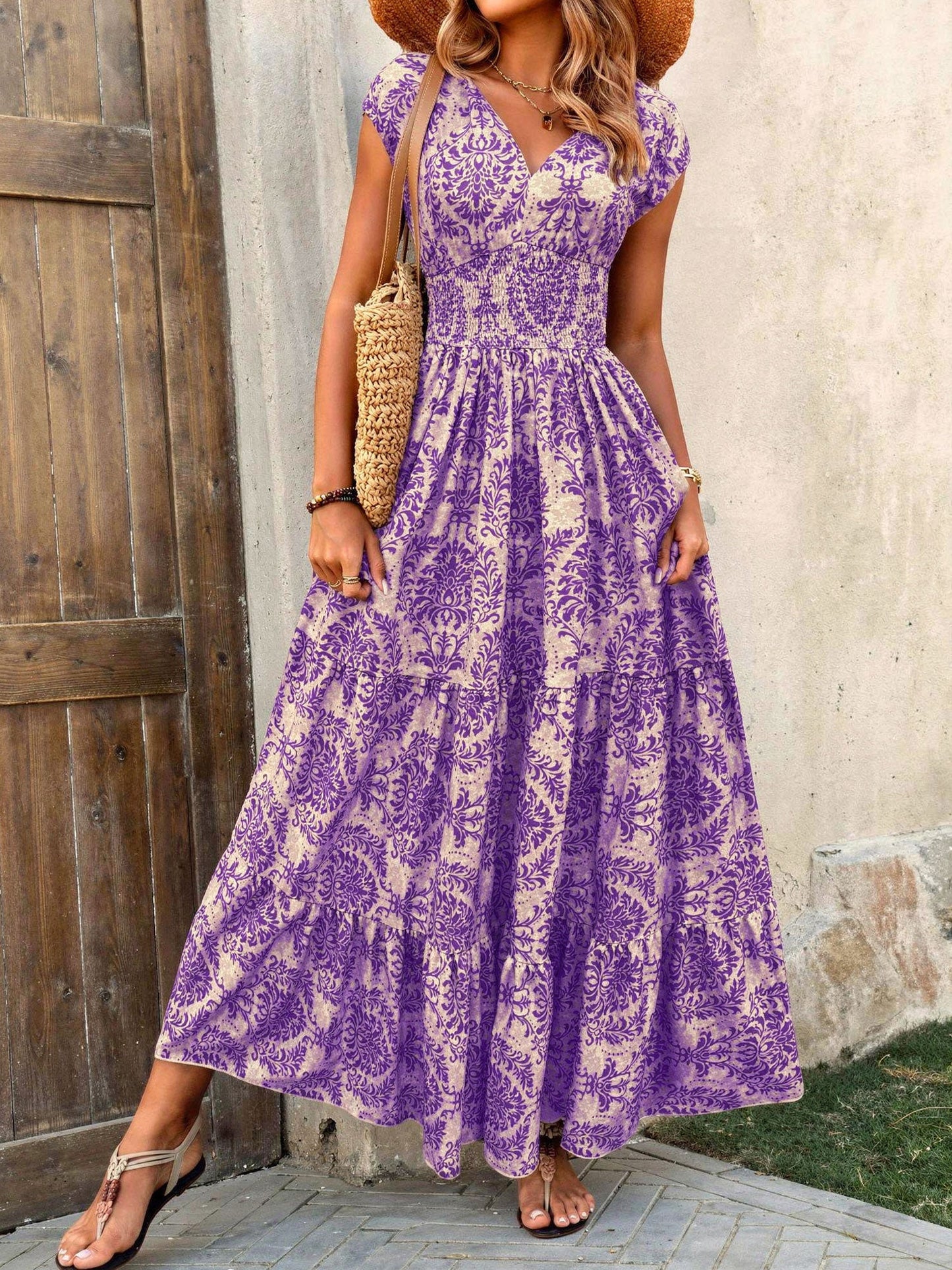 Boho Floral Cap Sleeves A-Line Tiered Dress