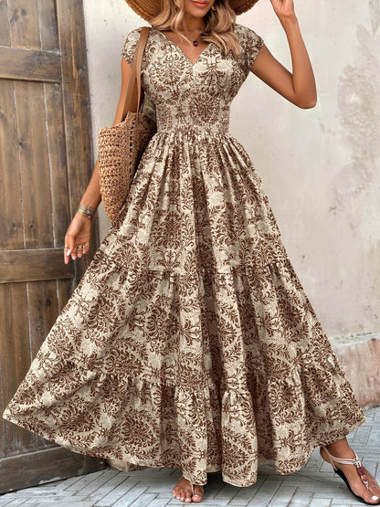 Boho Floral Cap Sleeves A-Line Tiered Dress