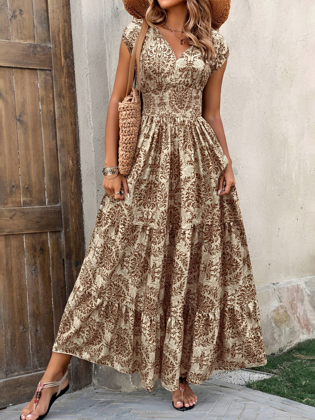 Boho Floral Cap Sleeves A-Line Tiered Dress