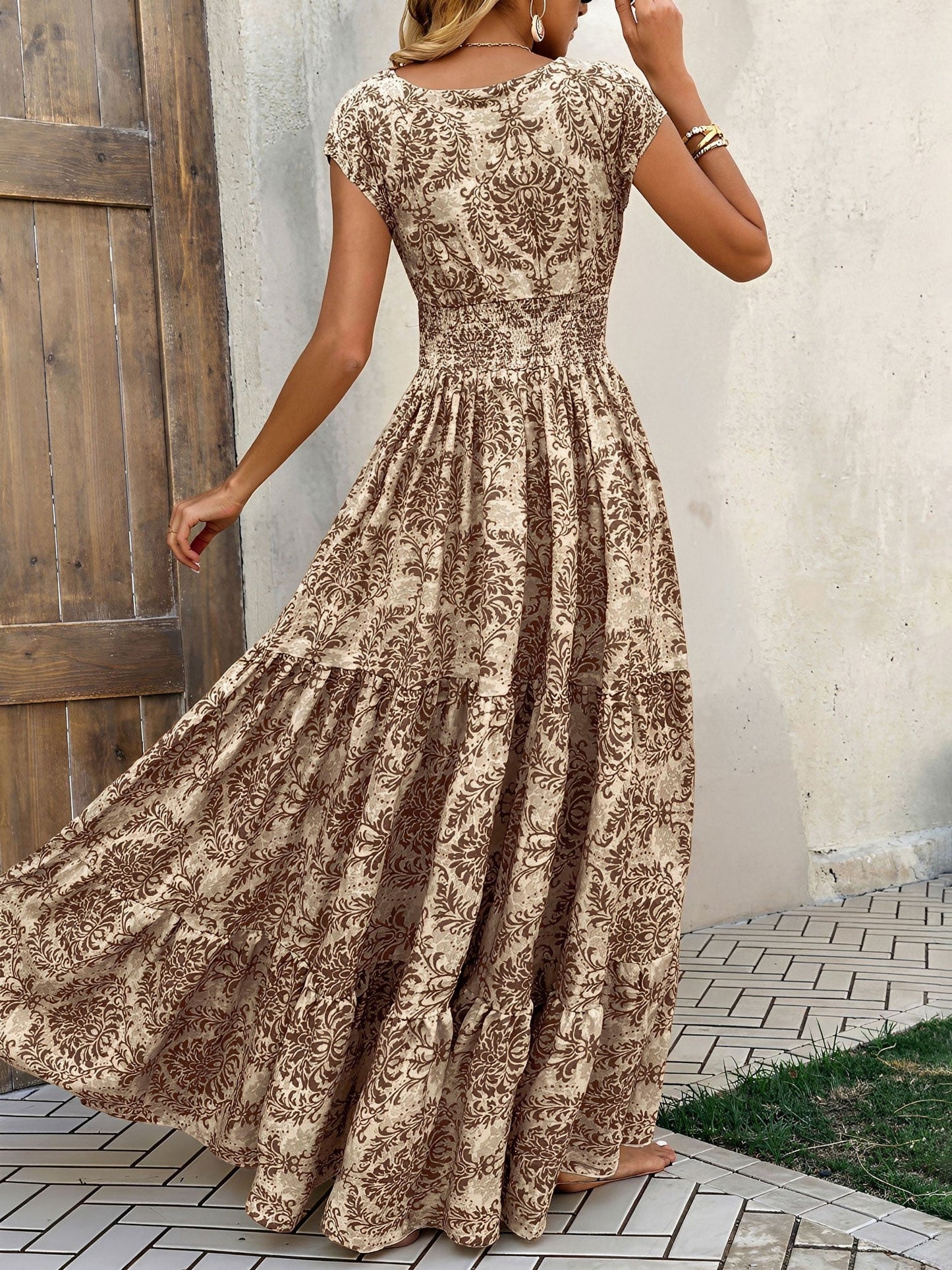 Boho Floral Cap Sleeves A-Line Tiered Dress