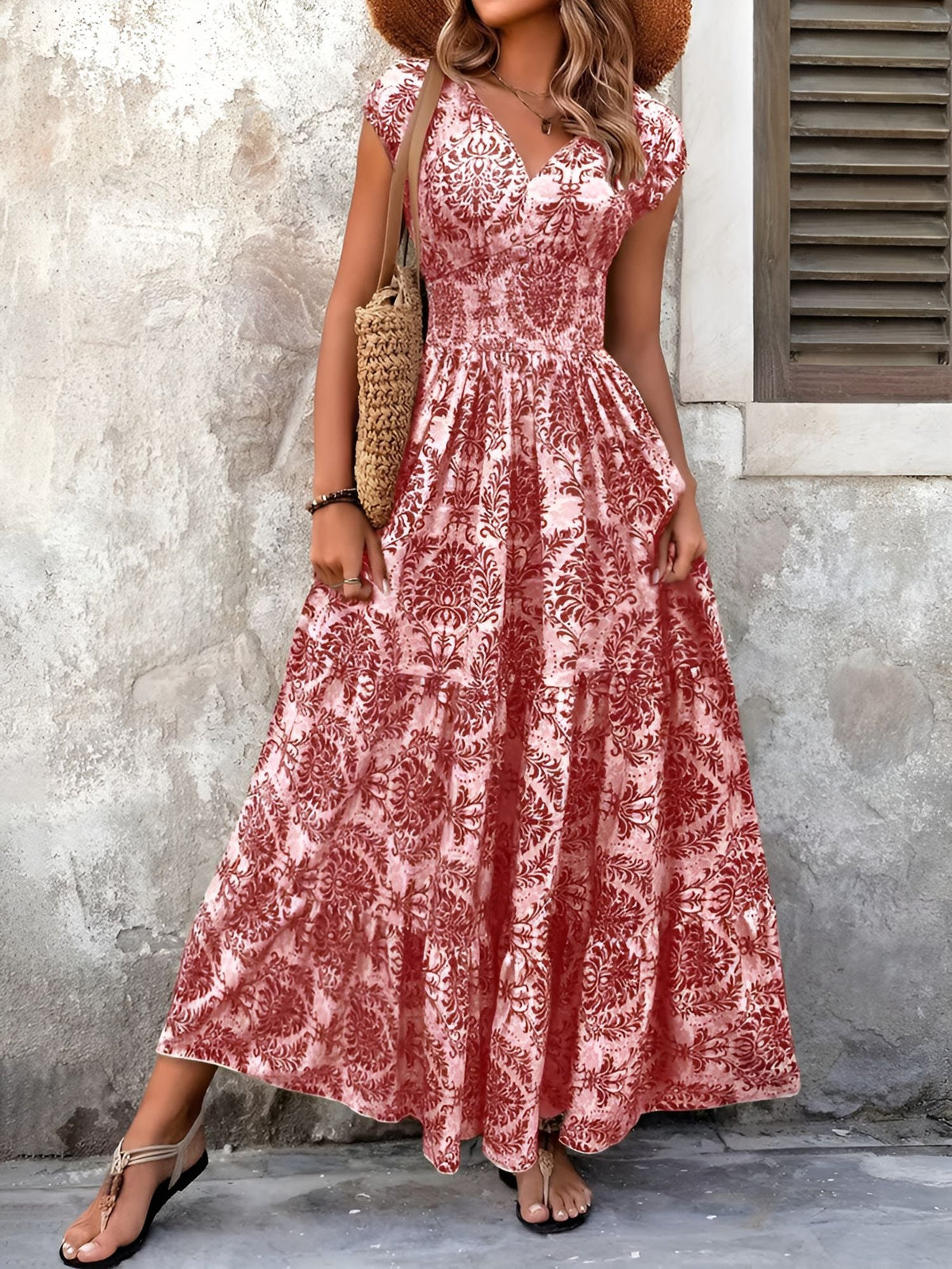 Boho Floral Cap Sleeves A-Line Tiered Dress