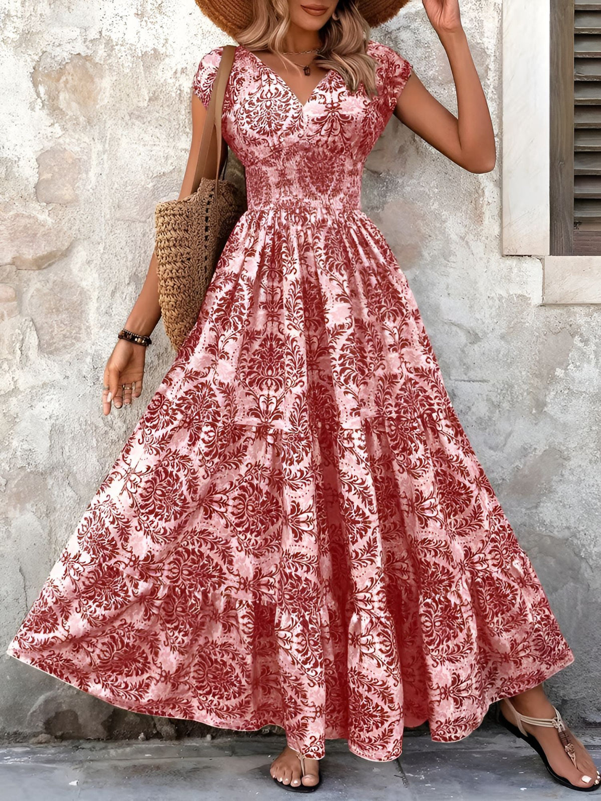 Boho Floral Cap Sleeves A-Line Tiered Dress