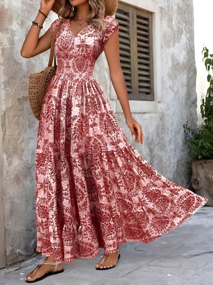 Boho Floral Cap Sleeves A-Line Tiered Dress