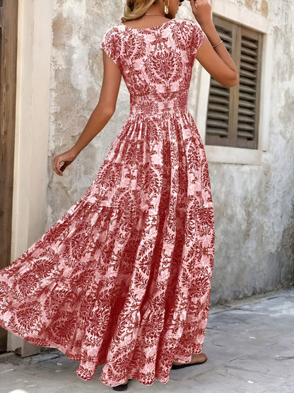 Boho Floral Cap Sleeves A-Line Tiered Dress