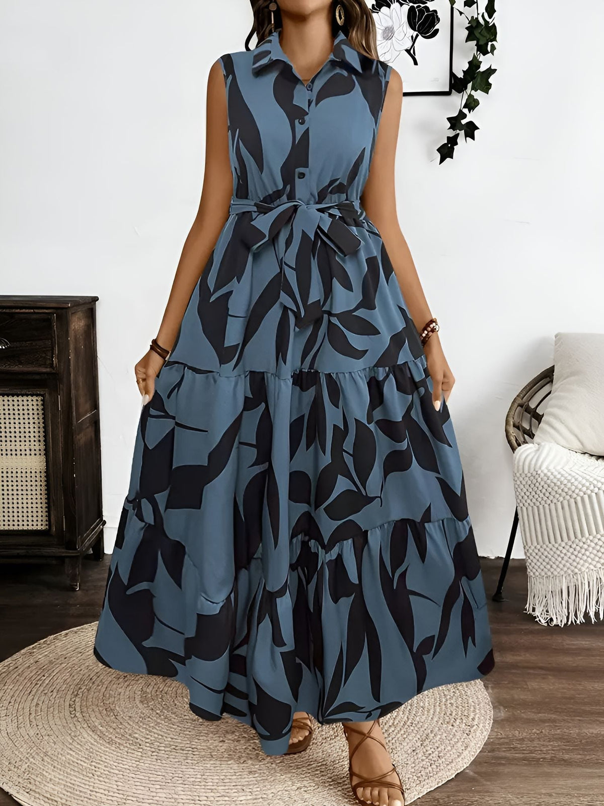 Floral Printed Sleeveless A-Line Tiered Dress