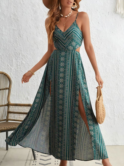 Boho Smocked Backless Spaghetti Strap Slit Resort Style Dress