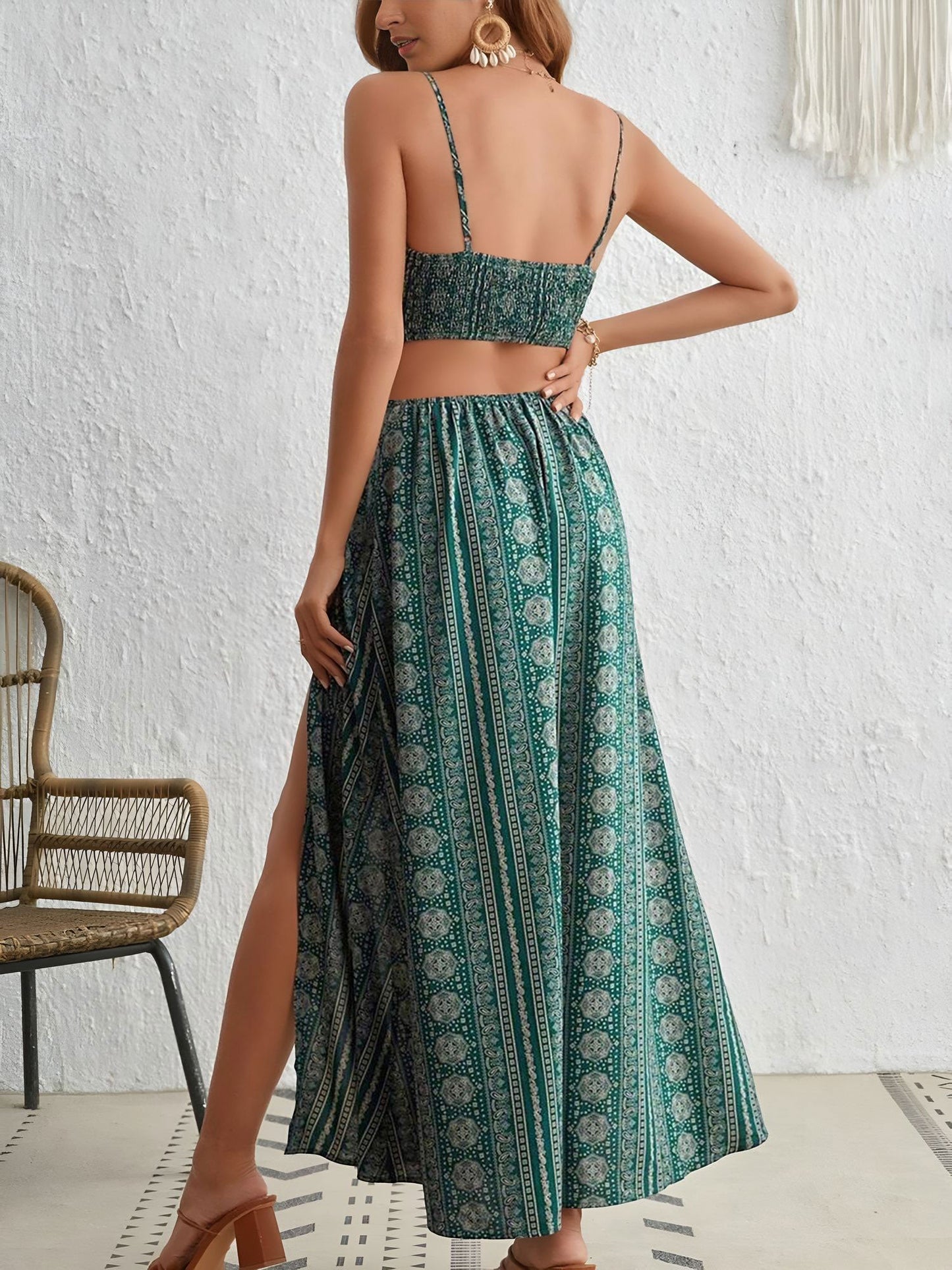 Boho Smocked Backless Spaghetti Strap Slit Resort Style Dress