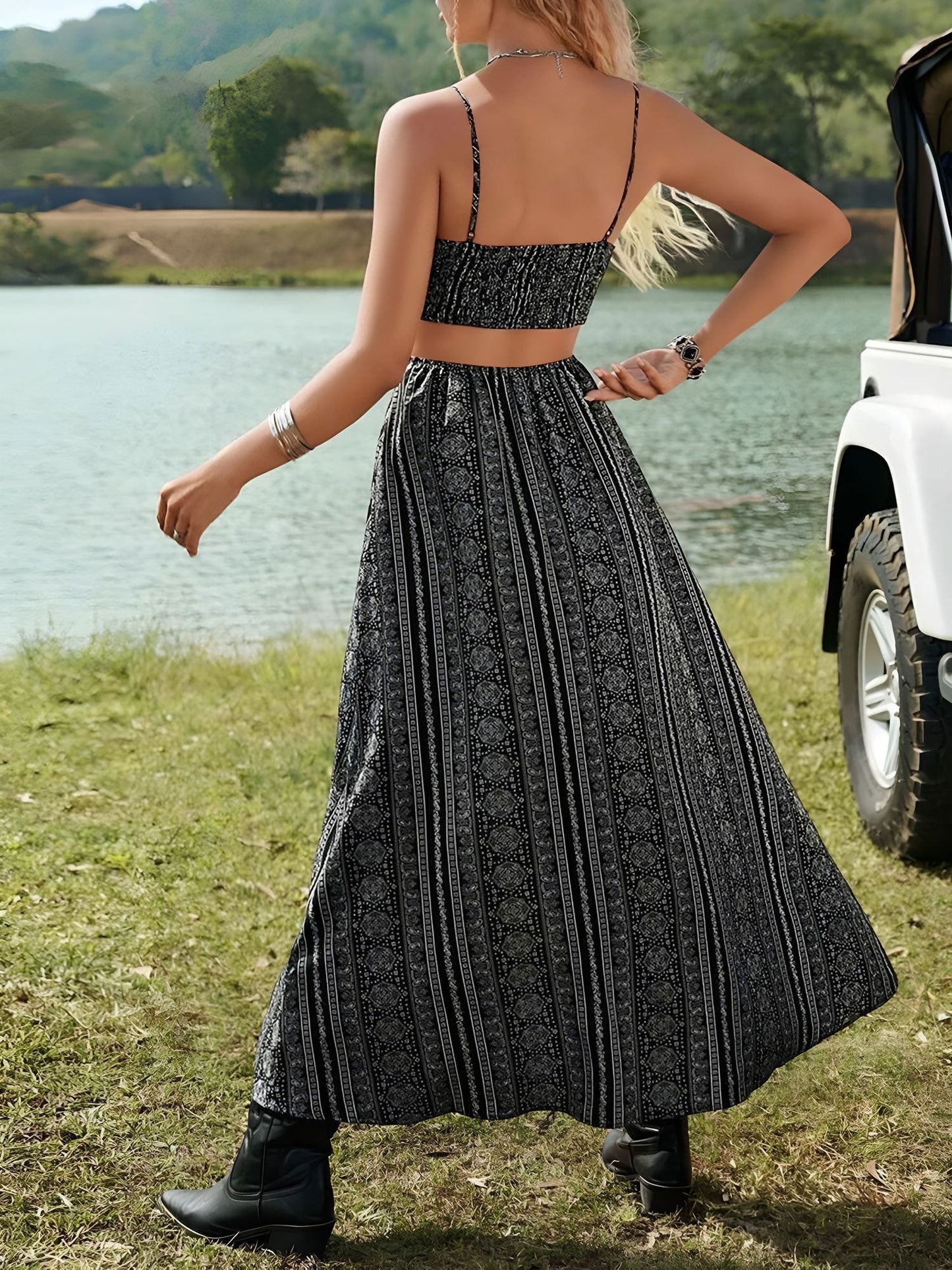 Boho Smocked Backless Spaghetti Strap Slit Resort Style Dress