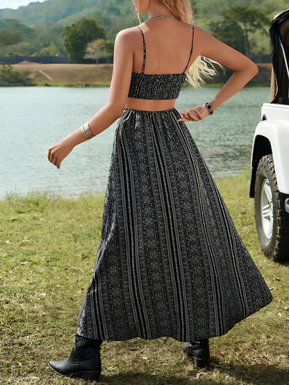 Boho Smocked Backless Spaghetti Strap Slit Resort Style Dress