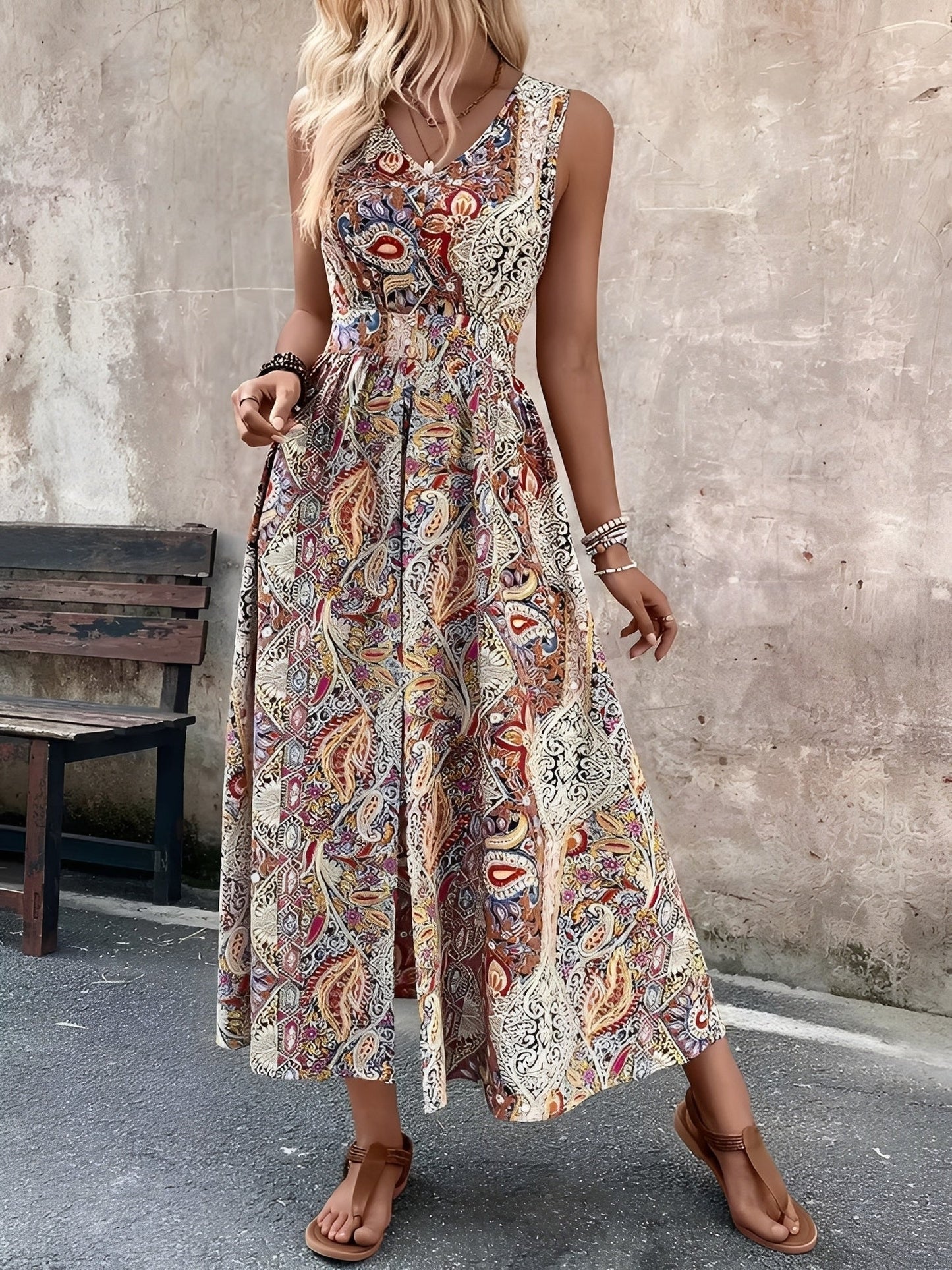 Boho Paisley V Neck Sleeveless Slit Romper Dress